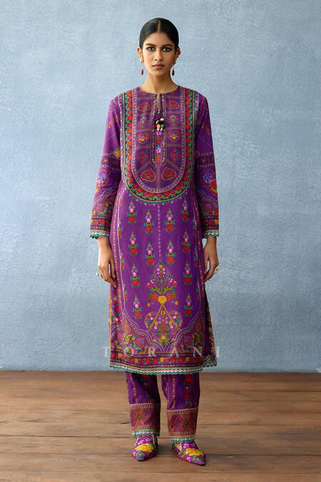 Shop Torani Purple Cotton, Silk Embroidery, Tassels Round Dil Kusha Faiha Print Kurta Set Online at Aza Fashions Shop_Torani_Purple Cotton, Silk Embroidery, Tassels Round Dil Kusha Faiha Print Kurta Set _Online_at_Aza_Fashions