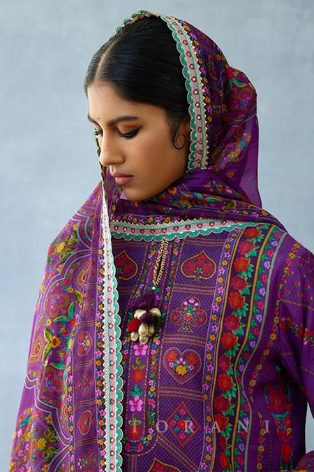 Shop Torani Purple Cotton, Silk Embroidery, Tassels Round Dil Kusha Faiha Print Kurta Set Shop_Torani_Purple Cotton, Silk Embroidery, Tassels Round Dil Kusha Faiha Print Kurta Set