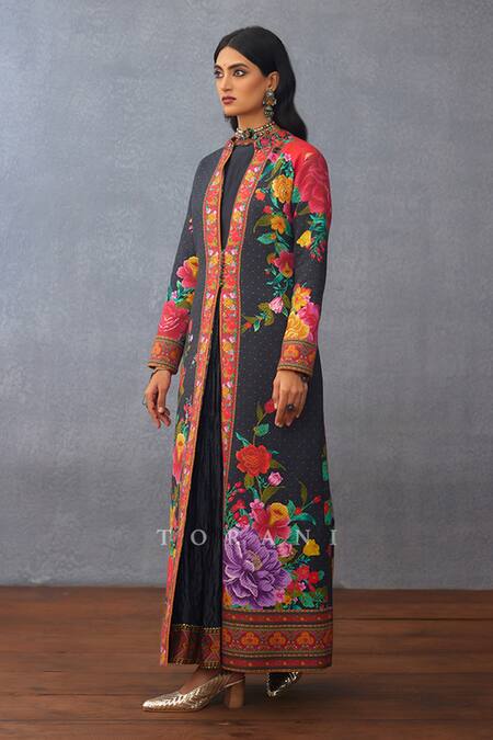 Torani Black Cotton, Silk Embroidery Round Dil Shaad Kerensa Printed Jacket And Dress Set Online at Aza Fashions Torani_Black Cotton, Silk Embroidery Round Dil Shaad Kerensa Printed Jacket And Dress Set _Online_at_Aza_Fashions