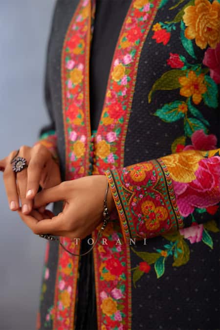 Shop Torani Black Cotton, Silk Embroidery Round Dil Shaad Kerensa Printed Jacket And Dress Set Online at Aza Fashions Shop_Torani_Black Cotton, Silk Embroidery Round Dil Shaad Kerensa Printed Jacket And Dress Set _Online_at_Aza_Fashions