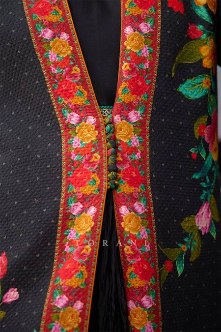 Shop Torani Black Cotton, Silk Embroidery Round Dil Shaad Kerensa Printed Jacket And Dress Set Shop_Torani_Black Cotton, Silk Embroidery Round Dil Shaad Kerensa Printed Jacket And Dress Set