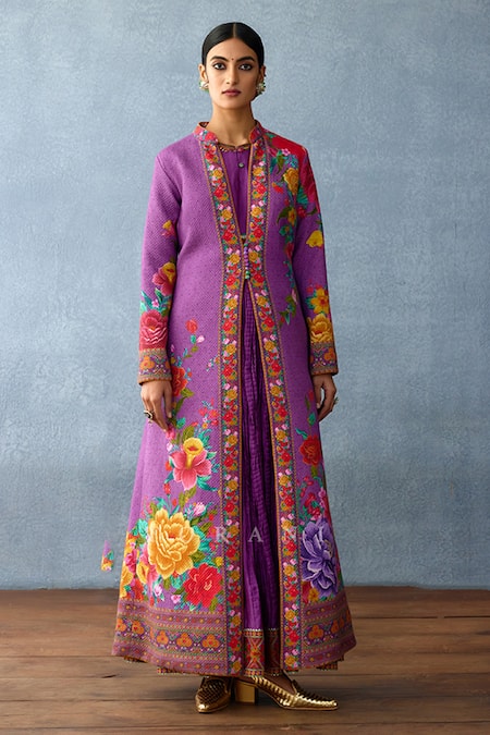Shop Torani Purple Cotton, Silk Embroidery Round Dil Kusha Keya Printed Jacket And Dress Set Online at Aza Fashions Shop_Torani_Purple Cotton, Silk Embroidery Round Dil Kusha Keya Printed Jacket And Dress Set _Online_at_Aza_Fashions