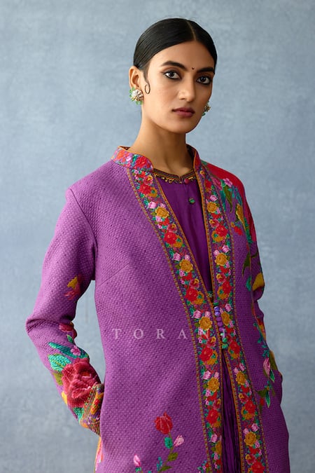 Torani Purple Cotton, Silk Embroidery Round Dil Kusha Keya Printed Jacket And Dress Set at Aza Fashions Torani_Purple Cotton, Silk Embroidery Round Dil Kusha Keya Printed Jacket And Dress Set _at_Aza_Fashions
