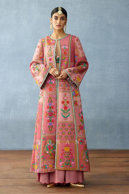 Torani_Pink Silk, Cotton Embroidery, Beads Dil Ruba Akena Printed Jacket Palazzo Set _Online_at_Aza_Fashions