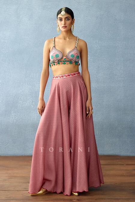 Buy_Torani_Pink Silk, Cotton Embroidery, Beads Dil Ruba Akena Printed Jacket Palazzo Set _Online_at_Aza_Fashions