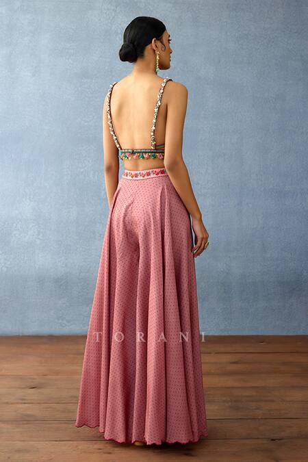 Torani_Pink Silk, Cotton Embroidery, Beads Dil Ruba Akena Printed Jacket Palazzo Set _at_Aza_Fashions