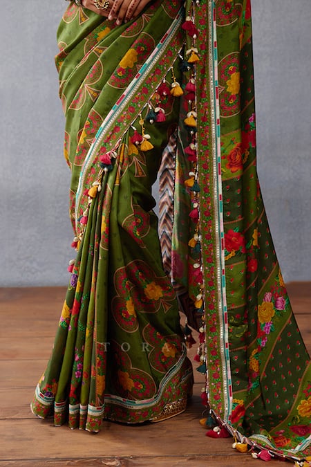 Torani Green Silk Tassels Dil Saaz Mahasti Printed Saree Online at Aza Fashions Torani_Green Silk Tassels Dil Saaz Mahasti Printed Saree _Online_at_Aza_Fashions
