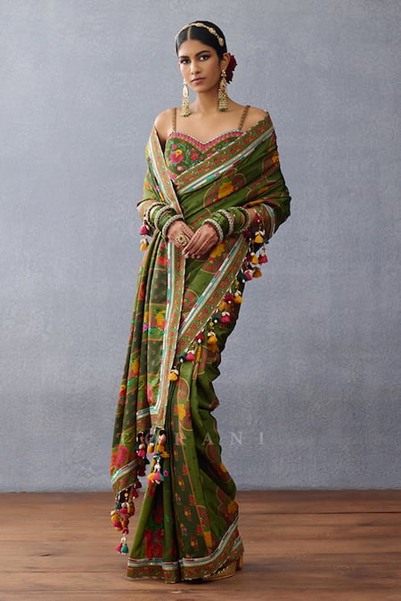 Shop Torani Green Silk Tassels Dil Saaz Mahasti Printed Saree Online at Aza Fashions Shop_Torani_Green Silk Tassels Dil Saaz Mahasti Printed Saree _Online_at_Aza_Fashions