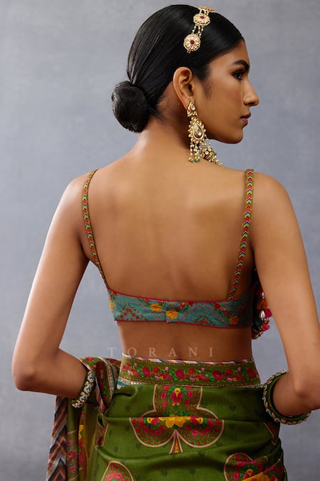 Shop_Torani_Green Jersey Tassels, Embroidery Sweetheart Neck Dil Saaz Nalini Printed Blouse _at_Aza_Fashions