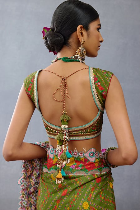 Shop Torani Green Silk Tassels Sweetheart Neck Dil Saaz Maashita Printed Blouse at Aza Fashions Shop_Torani_Green Silk Tassels Sweetheart Neck Dil Saaz Maashita Printed Blouse _at_Aza_Fashions