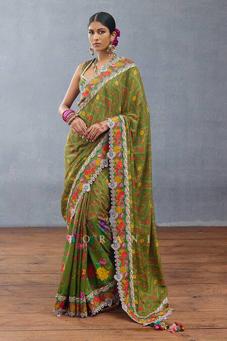 Torani Green Silk Tassels Sweetheart Neck Dil Saaz Maashita Printed Blouse Online at Aza Fashions Torani_Green Silk Tassels Sweetheart Neck Dil Saaz Maashita Printed Blouse _Online_at_Aza_Fashions