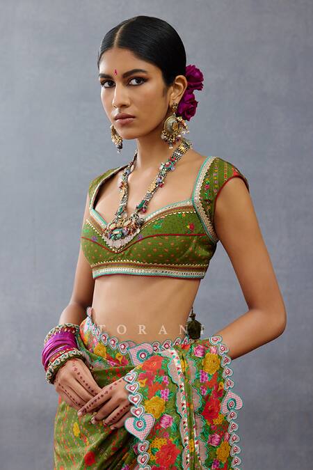 Torani Green Silk Tassels Sweetheart Neck Dil Saaz Maashita Printed Blouse at Aza Fashions Torani_Green Silk Tassels Sweetheart Neck Dil Saaz Maashita Printed Blouse _at_Aza_Fashions