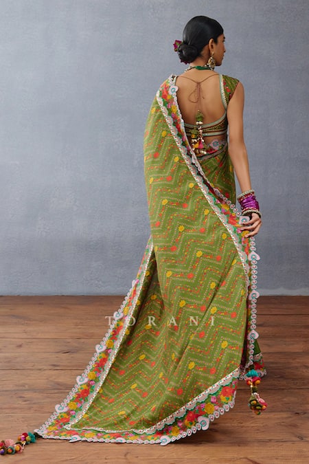 Shop Torani Green Silk Tassels Dil Saaz Maashita Printed Saree at Aza Fashions Shop_Torani_Green Silk Tassels Dil Saaz Maashita Printed Saree _at_Aza_Fashions