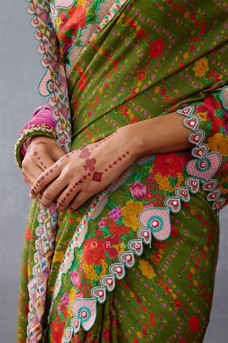 Shop Torani Green Silk Tassels Dil Saaz Maashita Printed Saree Online at Aza Fashions Shop_Torani_Green Silk Tassels Dil Saaz Maashita Printed Saree _Online_at_Aza_Fashions