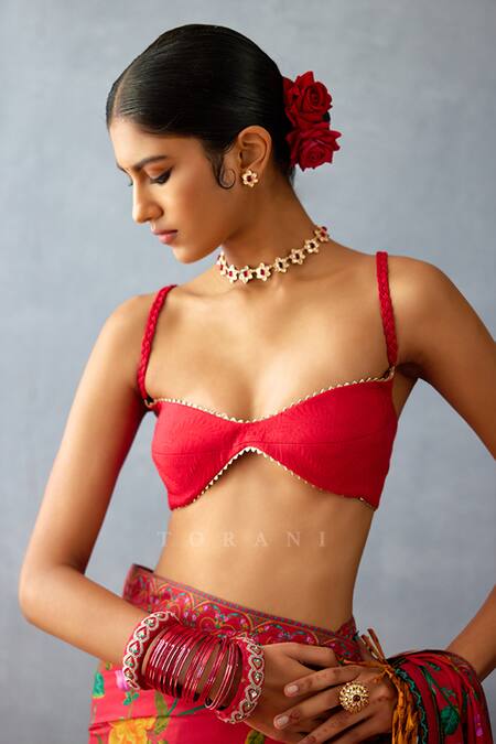 Buy Torani Red Silk Sweetheart Neck Dil Surkh Gazal Braided Strap Blouse Online at Aza Fashions Buy_Torani_Red Silk Sweetheart Neck Dil Surkh Gazal Braided Strap Blouse _Online_at_Aza_Fashions