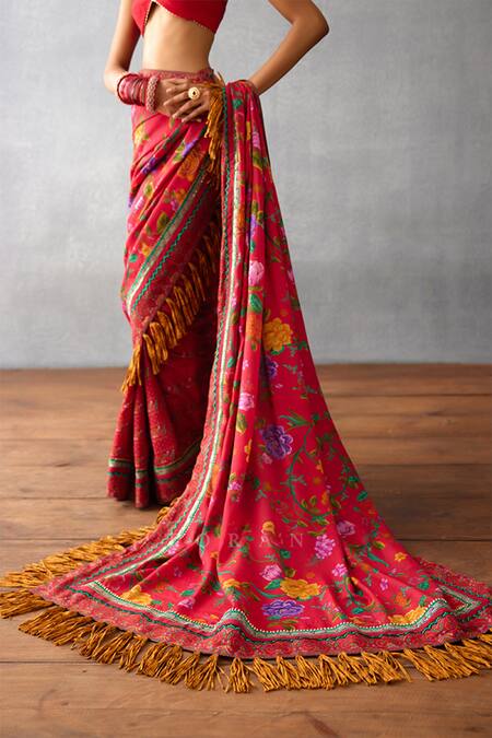 Torani Red Silk Tassels Dil Surkh Gazal Floral Print Saree at Aza Fashions Torani_Red Silk Tassels Dil Surkh Gazal Floral Print Saree _at_Aza_Fashions