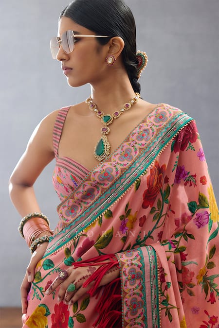 Torani Pink Silk Dil Ruba Amari Floral Print Saree Online at Aza Fashions Torani_Pink Silk Dil Ruba Amari Floral Print Saree _Online_at_Aza_Fashions