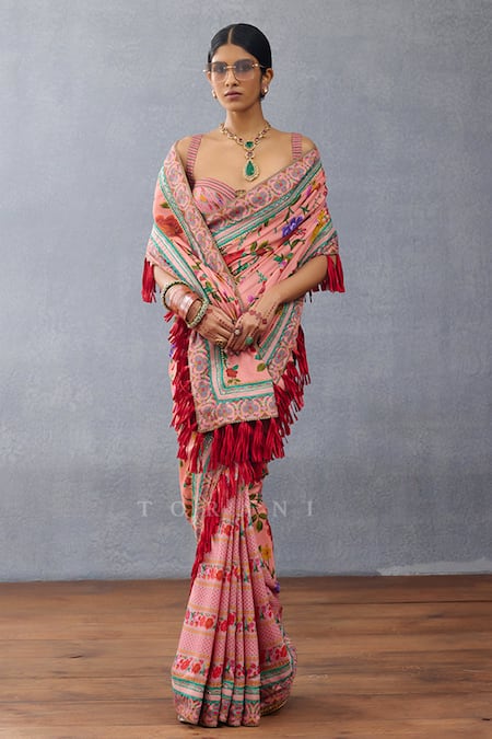 Shop Torani Pink Silk Dil Ruba Amari Floral Print Saree Online at Aza Fashions Shop_Torani_Pink Silk Dil Ruba Amari Floral Print Saree _Online_at_Aza_Fashions