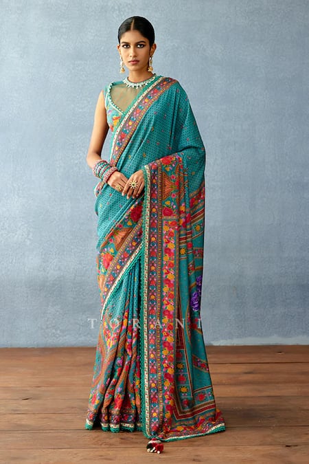 Torani Blue Chanderi Digital Printed Floral Dil Nazwaz Zahra Saree  