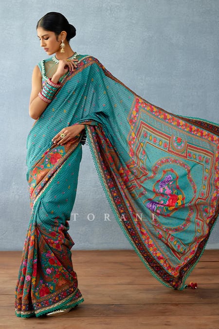 Shop_Torani_Blue Chanderi Dil Nazwaz Zahra Printed Saree _at_Aza_Fashions