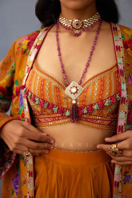 Shop_Torani_Yellow Silk, Cotton Tassels, Dil Seher Airi Printed Jacket And Dhoti Pant Set _Online_at_Aza_Fashions