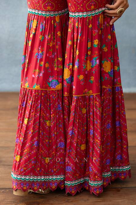 Torani Red Organza, Silk Lace, Tassels Dil Surkh Sabah Printed Peplum Kurta Sharara Set Online at Aza Fashions Torani_Red Organza, Silk Lace, Tassels Dil Surkh Sabah Printed Peplum Kurta Sharara Set _Online_at_Aza_Fashions