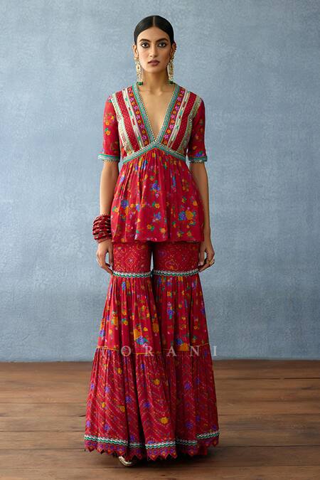 Buy Torani Red Organza, Silk Lace, Tassels Dil Surkh Sabah Printed Peplum Kurta Sharara Set Online at Aza Fashions Buy_Torani_Red Organza, Silk Lace, Tassels Dil Surkh Sabah Printed Peplum Kurta Sharara Set _Online_at_Aza_Fashions