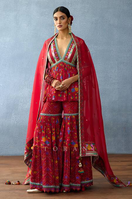Torani Red Organza, Silk Lace, Tassels Dil Surkh Sabah Printed Peplum Kurta Sharara Set at Aza Fashions Torani_Red Organza, Silk Lace, Tassels Dil Surkh Sabah Printed Peplum Kurta Sharara Set _at_Aza_Fashions