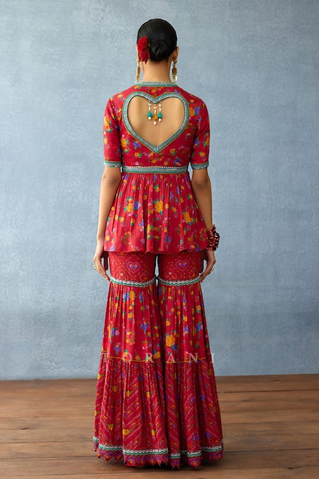 Shop Torani Red Organza, Silk Lace, Tassels Dil Surkh Sabah Printed Peplum Kurta Sharara Set at Aza Fashions Shop_Torani_Red Organza, Silk Lace, Tassels Dil Surkh Sabah Printed Peplum Kurta Sharara Set _at_Aza_Fashions