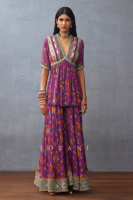 Torani Purple Organza, Silk Tassels, Dil Kusha Rafat Printed Peplum Kurta Sharara Set Online at Aza Fashions Torani_Purple Organza, Silk Tassels, Dil Kusha Rafat Printed Peplum Kurta Sharara Set _Online_at_Aza_Fashions