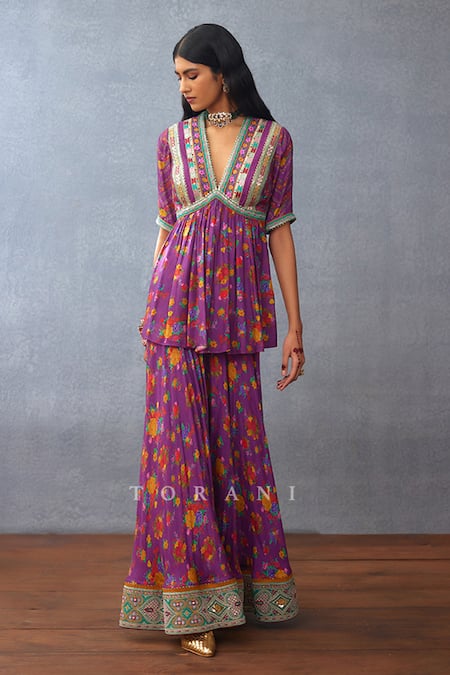 Buy Torani Purple Organza, Silk Tassels, Dil Kusha Rafat Printed Peplum Kurta Sharara Set Online at Aza Fashions Buy_Torani_Purple Organza, Silk Tassels, Dil Kusha Rafat Printed Peplum Kurta Sharara Set _Online_at_Aza_Fashions