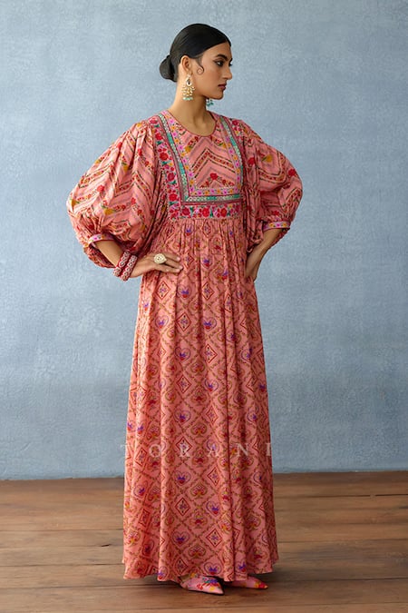 Torani Pink Cotton, Silk Embroidery Round Neck Dil Ruba Urma Printed Dress Online at Aza Fashions Torani_Pink Cotton, Silk Embroidery Round Neck Dil Ruba Urma Printed Dress _Online_at_Aza_Fashions