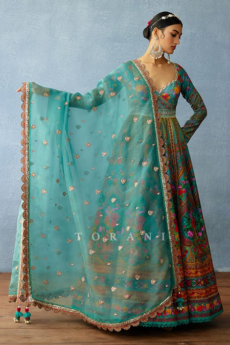 Shop_Torani_Blue Organza, Silk Embroidery, Dil Rang Naila Printed Anarkali With Dupatta _Online_at_Aza_Fashions