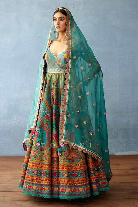 Torani_Blue Organza, Silk Embroidery, Dil Rang Naila Printed Anarkali With Dupatta _at_Aza_Fashions