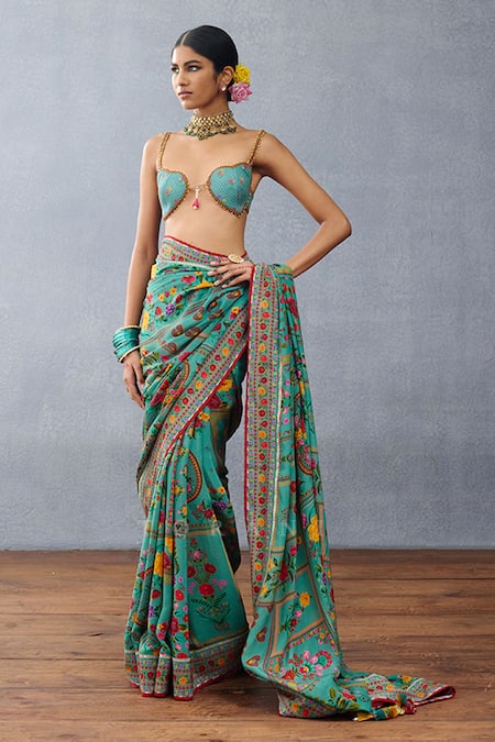 Torani_Blue Slub Silk Digital Printed Floral Scalloped Dil Nawaz Maasha Blouse _Online_at_Aza_Fashions