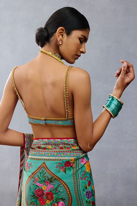 Shop_Torani_Blue Slub Silk Digital Printed Floral Scalloped Dil Nawaz Maasha Blouse _at_Aza_Fashions