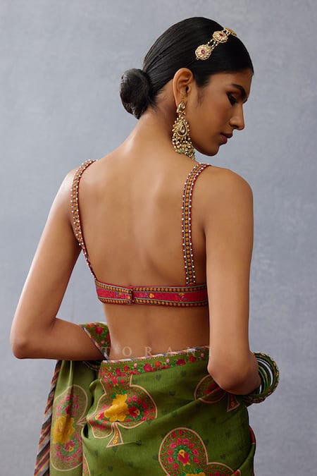 Shop_Torani_Red Silk Tassels Scoop Neck Dil Saaz Mahasti Printed Blouse _at_Aza_Fashions