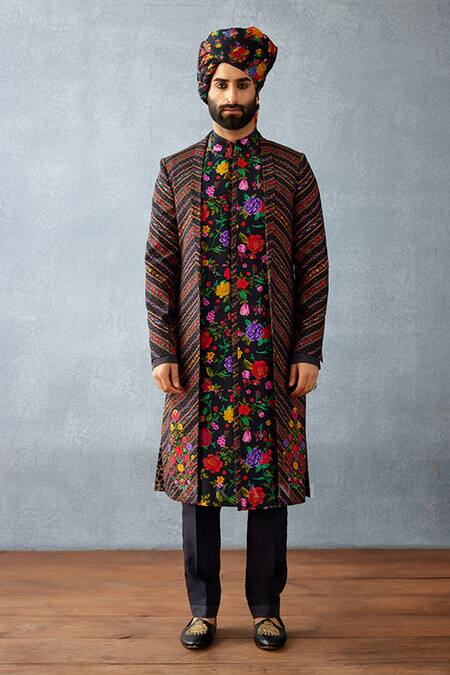 Torani Black Jersey, Silk Embroidery Dil Shaad Naji Print Sherwani Set Online at Aza Fashions Torani_Black Jersey, Silk Embroidery Dil Shaad Naji Print Sherwani Set _Online_at_Aza_Fashions