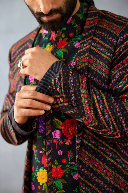 Torani Black Jersey, Silk Embroidery Dil Shaad Naji Print Sherwani Set at Aza Fashions Torani_Black Jersey, Silk Embroidery Dil Shaad Naji Print Sherwani Set _at_Aza_Fashions