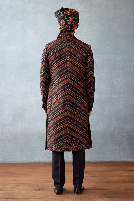 Shop Torani Black Jersey, Silk Embroidery Dil Shaad Naji Print Sherwani Set at Aza Fashions Shop_Torani_Black Jersey, Silk Embroidery Dil Shaad Naji Print Sherwani Set _at_Aza_Fashions