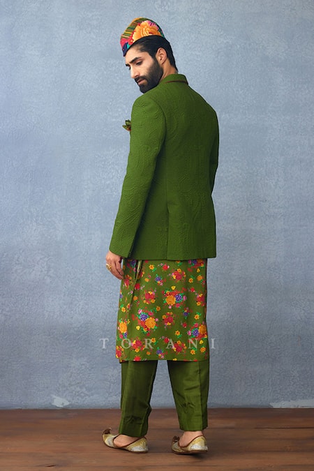 Shop Torani Green Muslin, Silk Embroidery Dil Saaz Mazin Embossed Jacket And Angarkha Set at Aza Fashions Shop_Torani_Green Muslin, Silk Embroidery Dil Saaz Mazin Embossed Jacket And Angarkha Set _at_Aza_Fashions