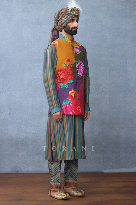 Torani Multi Color Silk Embroidery Floral Printed Bundi And Kurta Set Online at Aza Fashions Torani_Multi Color Silk Embroidery Floral Printed Bundi And Kurta Set _Online_at_Aza_Fashions