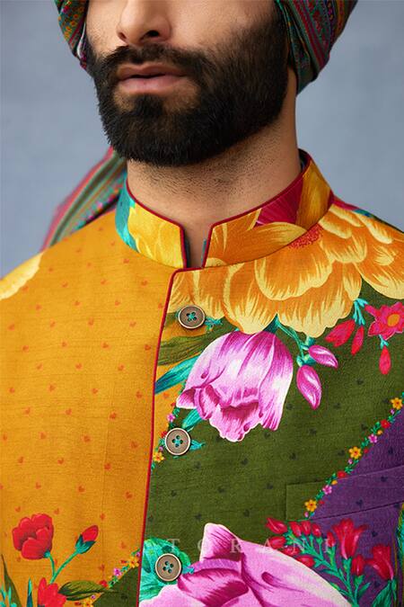 Shop Torani Multi Color Silk Embroidery Floral Printed Bundi And Kurta Set Shop_Torani_Multi Color Silk Embroidery Floral Printed Bundi And Kurta Set