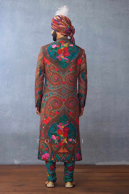 Shop_Torani_Multi Color Muslin, Silk Embroidery Dil Nawaz Riyaz Print Sherwani Set _at_Aza_Fashions