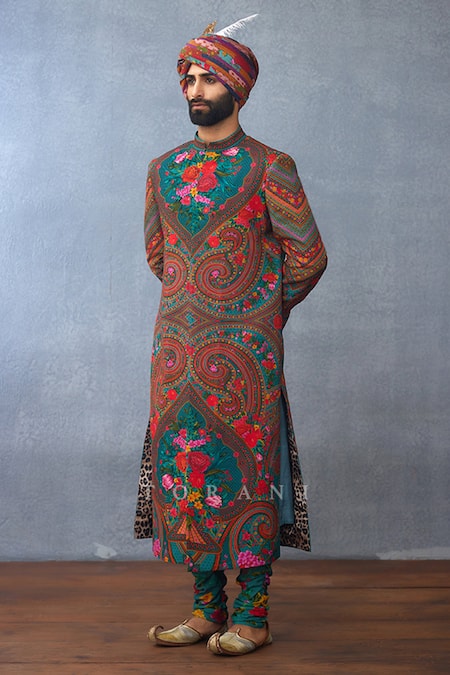 Torani_Multi Color Muslin, Silk Embroidery Dil Nawaz Riyaz Print Sherwani Set _Online_at_Aza_Fashions