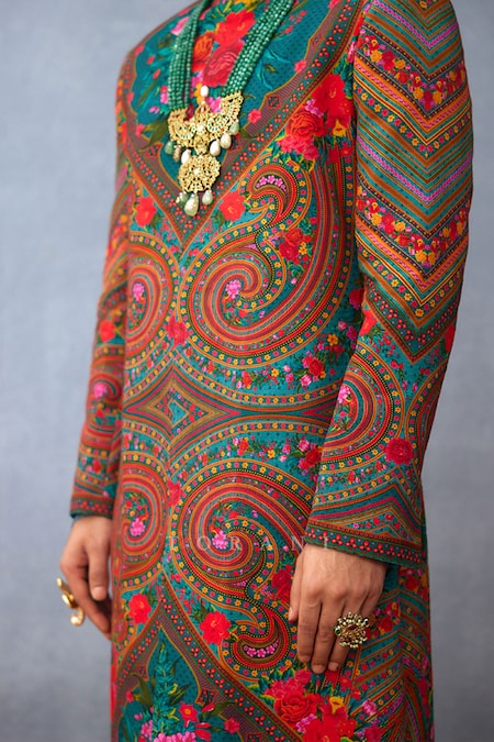 Buy_Torani_Multi Color Muslin, Silk Embroidery Dil Nawaz Riyaz Print Sherwani Set _Online_at_Aza_Fashions