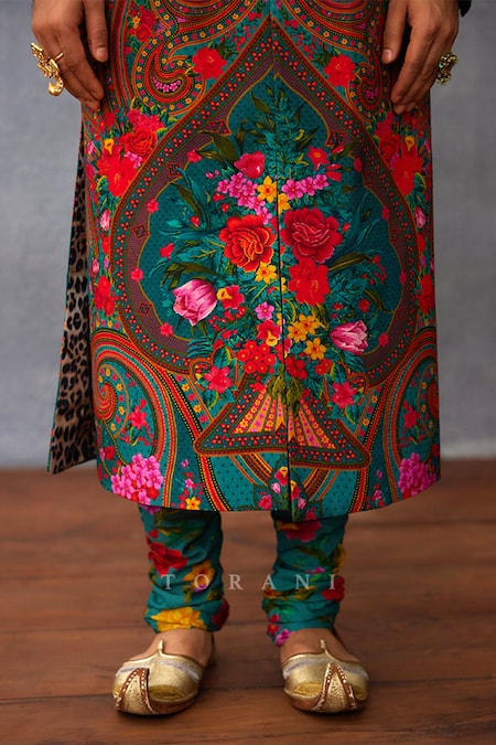 Shop_Torani_Multi Color Muslin, Silk Embroidery Dil Nawaz Riyaz Print Sherwani Set _Online_at_Aza_Fashions