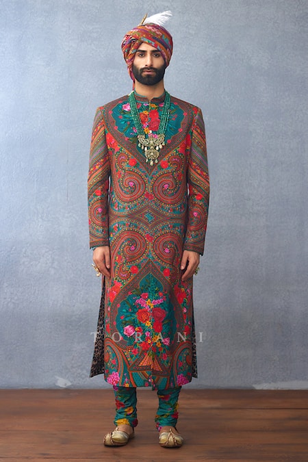 Torani_Multi Color Muslin, Silk Embroidery Dil Nawaz Riyaz Print Sherwani Set _at_Aza_Fashions