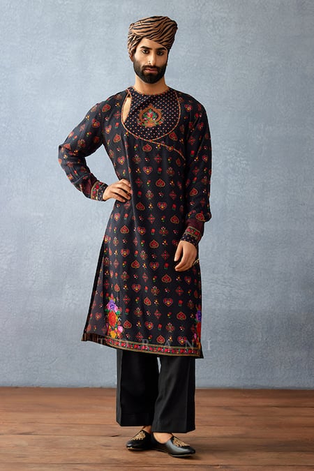 Torani Black South Silk Slub Printed Heart Dil Shaad Marwan Kurta Set  