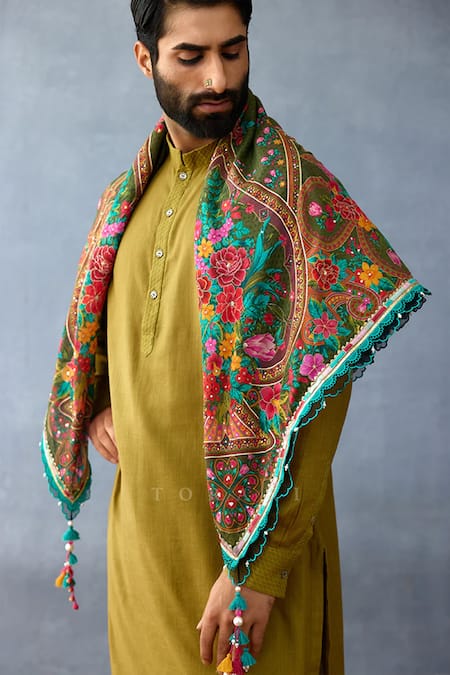 Buy_Torani_Green Tassels Dil Saaz Urfi Scarf_Online_at_Aza_Fashions